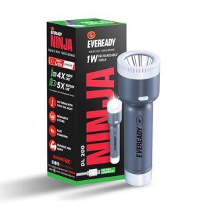 Eveready DL 200 0.7w Ninja Rechargable Pocket Torch with B-Type Fast Charging in 2.5 hourswith ABS Durable Body Pack of 1 (Colors may vary)