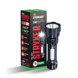 Eveready DL 222 1w Stryker Rechargable Torch with AC Plug In Charging and 0.8W Sidelight with Durable ABS Body Pack of 1 Black