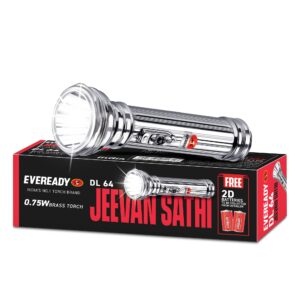 Eveready DL 64 Jeevansathi 0.75w Torch with Premium Brass Body with Free Dx2 Batteries and beam Range Upto 1 Km Pack of 1 (Colors may vary)