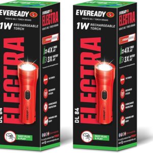 Eveready DL 84 Electra 1w Rechargable Torch with Easy Plug and Play with Charging Indicator with ABS Durable Body Pack of 2 (Colors may vary)