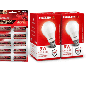 Eveready Ultima AA Batteries (Pack of 10) + Eveready 9W LED Bulb (Pack of 2) Combo