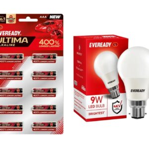 Eveready Ultima AAA Batteries (Pack of 10) + Eveready 9W LED Bulb Combo